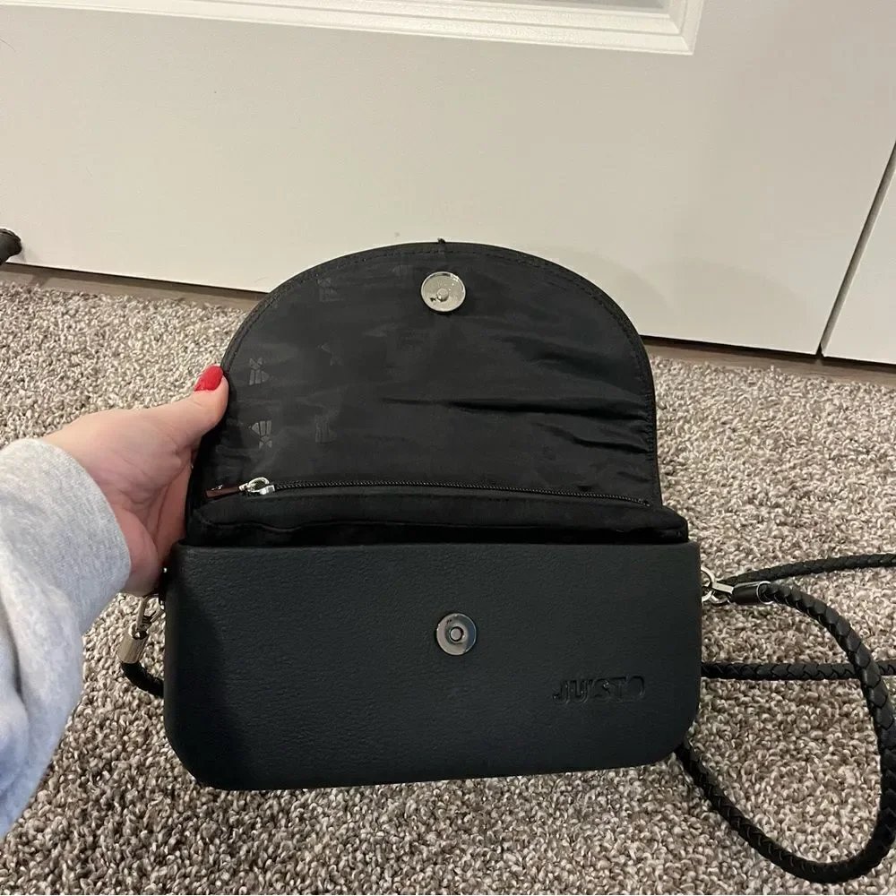 JU’STO Modular Black Woven crossbody flap bag